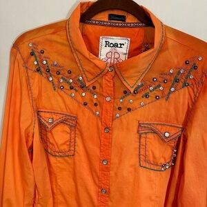 Destined To ROAR Button Up Shirt Rhinestone Pearl Snap Button XL Western Cowgirl